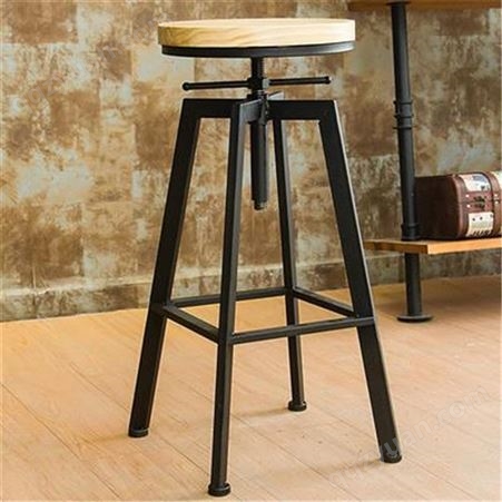 定制实木高脚椅 美式复古铁艺酒吧桌椅 升降吧台椅欧式吧凳