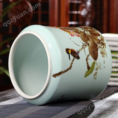 景德镇手绘陶瓷茶缸 大号6斤装存茶储物罐 手绘青瓷荷花茶叶罐