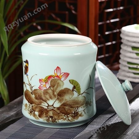景德镇手绘陶瓷茶缸 大号6斤装存茶储物罐 手绘青瓷荷花茶叶罐