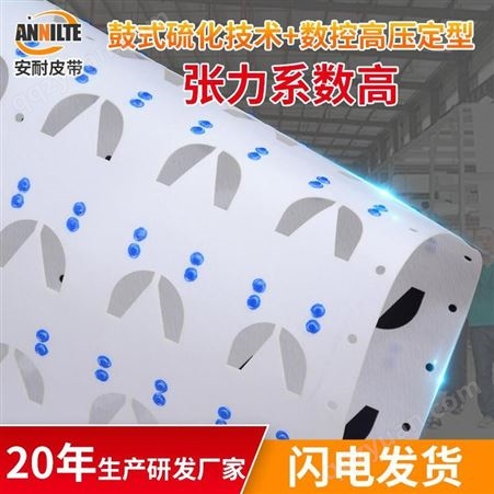 安耐厂家定制食品PU输送带打孔传送带水饺机皮带定位孔