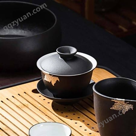 黑陶枫叶盖碗陶瓷泡茶碗 粗陶手抓盖碗功夫茶具 家用茶杯三才盖碗